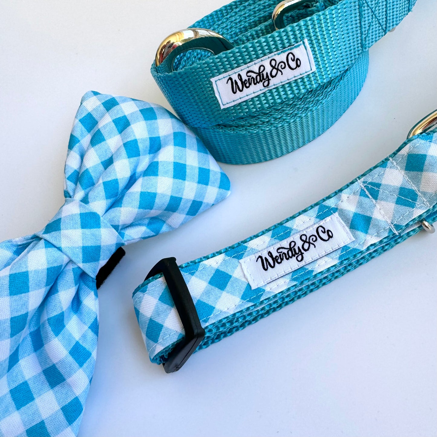 Ice blue plaid gingham check collar, bow tie and leash.