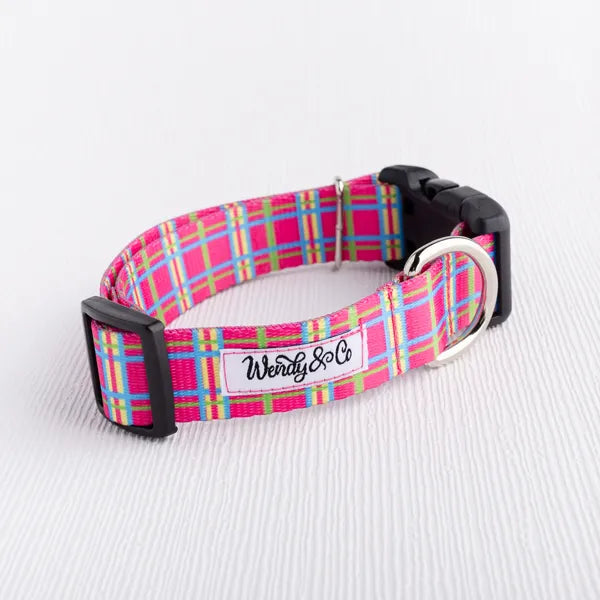 Bubblegum Plaid waterproof dog collar.