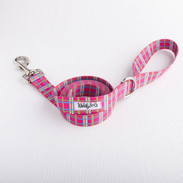 Waterproof leash in Bubblegum Pink Plaid.