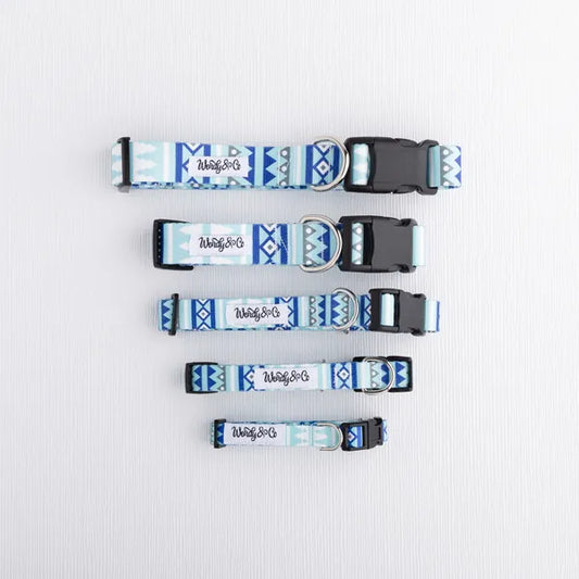 Cobalt blue geometric dog collars from extra small to extra large.