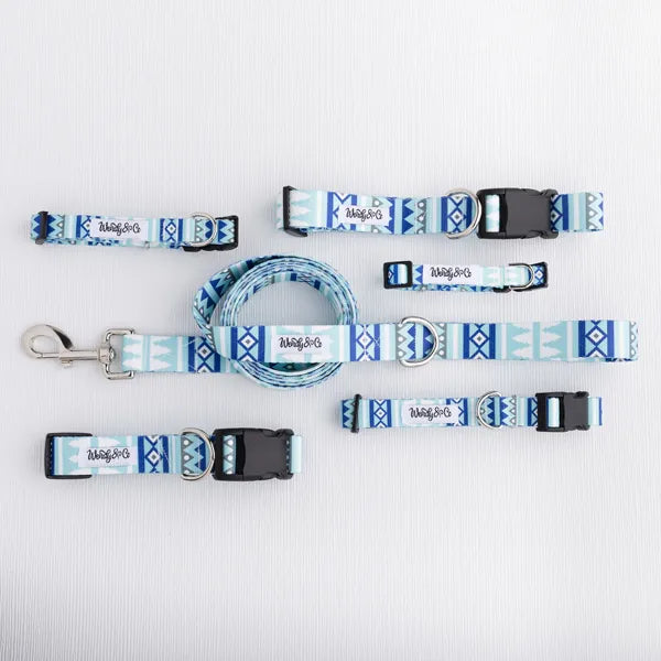 Waterproof dog collar and leash in blue geometric tribal pattern in blues.