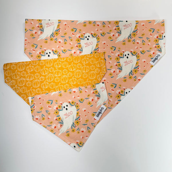 Boo dog bandana with back and front shown.