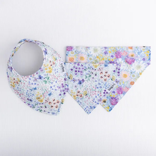 Matching baby bib and dog bandana in Butterfly Garden floral print – handmade lilac set