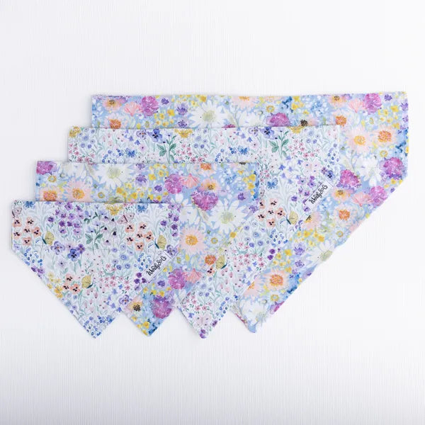 Handmade dog bandana in Butterfly garden, slides over the collar.