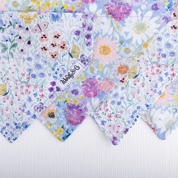 Spring floral dog bandana in Butterfly Garden print – lilac purple tones, handmade