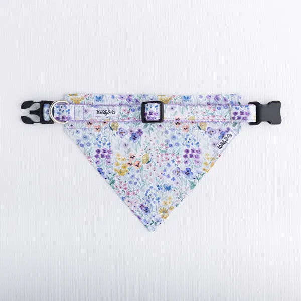 Coordinated dog collar and bandana set – handmade Butterfly Garden floral print in lilac