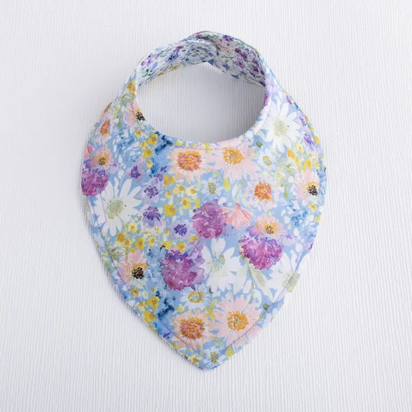Reverse side of floral print on handmade baby bib – Butterfly Garden in lilac purple.