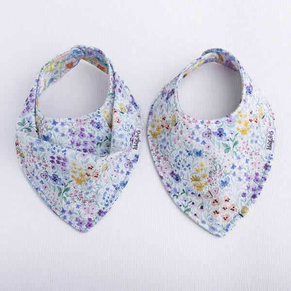 Bandana and flat front Butterfly Garden bib – spring floral print in soft lilac tones