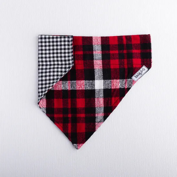 Cozy flannel plaid dog bandana- reversible, slides over the collar.