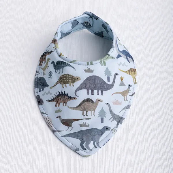 Dinosaur Dream baby bib with triceratops and other dinosaurs.