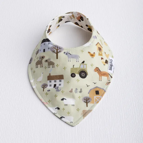 Reversible handmade farm print baby bib- gender neutral.