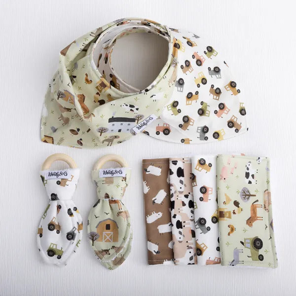 Farm print, gender neutral baby collection.