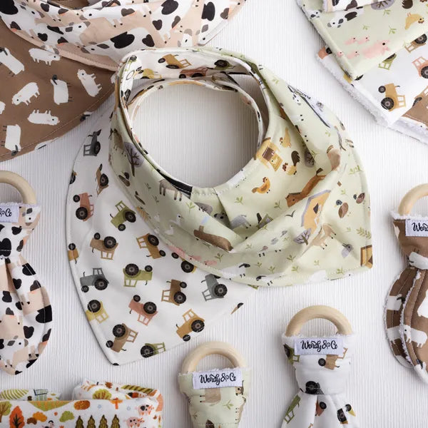 Homestead baby collection handmade from farm print fabric.
