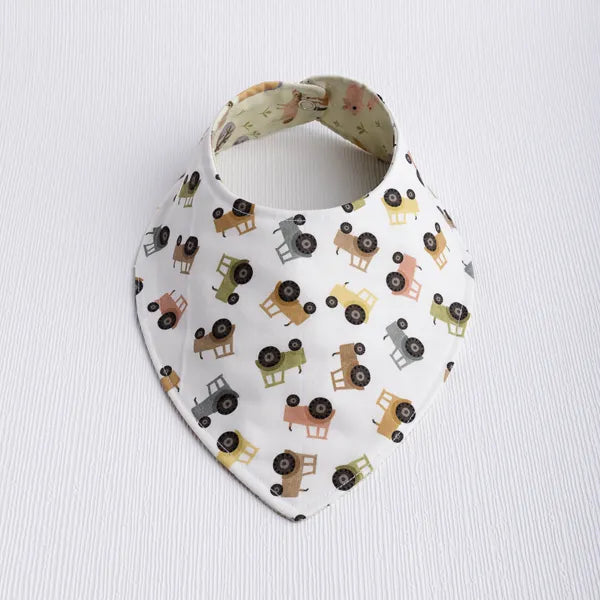 Tractor print baby bib- reversible and handmade.