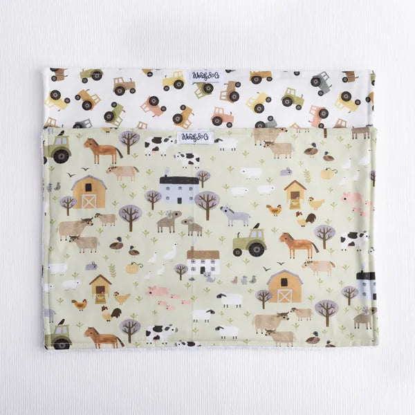 Absorbent burping cloth for baby in farm prints.