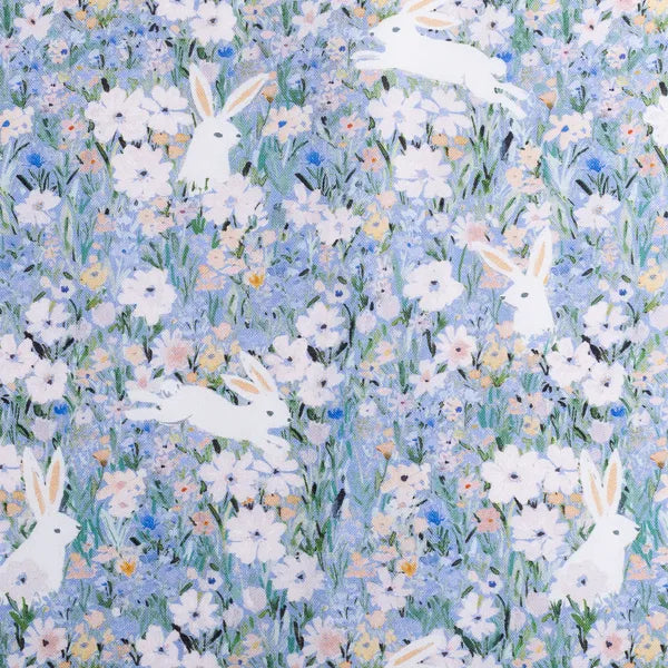 Close up of Petal and Hare with blues, florals and rabbits.