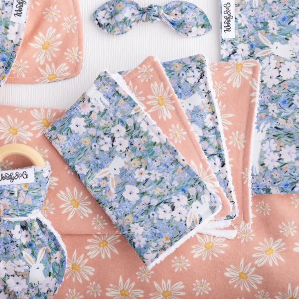 Full Petal & Hare set with rabbit and floral-themed baby and pet accessories.