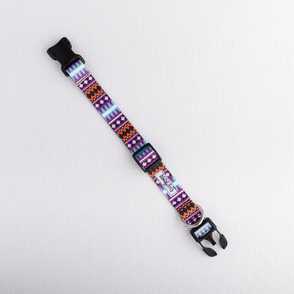 Dog collar with purple tribal design from the Amethyst Horizon collection.
