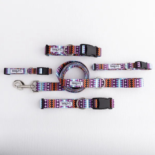 Waterproof geometric print leash and collar in purple, blue and black.
