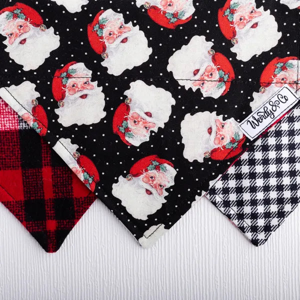 Christmas dog set with Santa head reversible bandanas that slide over the collar.