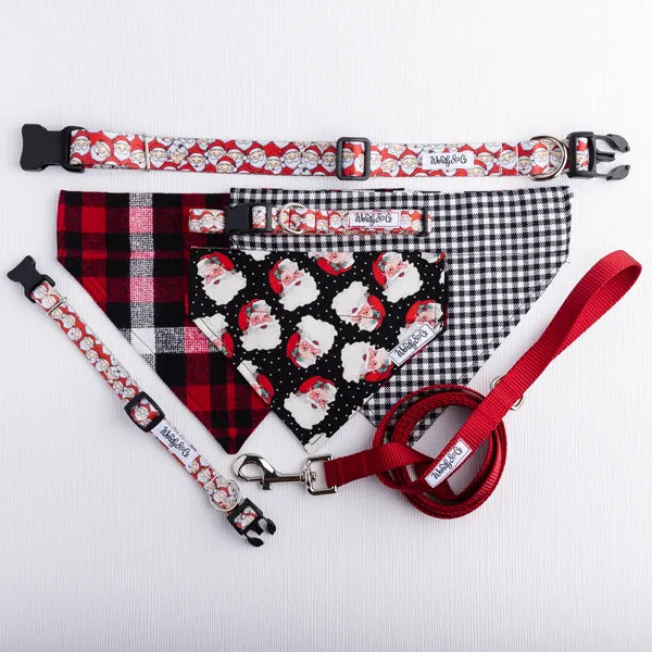 Christmas dog set with leash, collar and reversible dog bandana with Santa heads, cozy plaid and houndstooth.