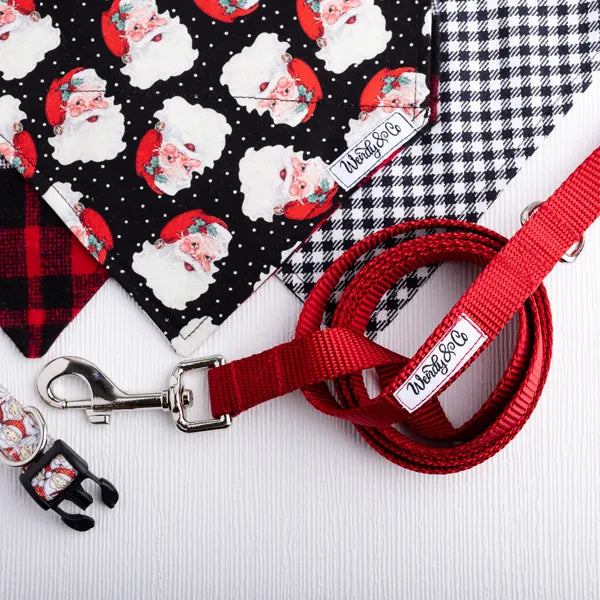 Christmas dog set with Santa head collar, leash, and reversible bandanas.