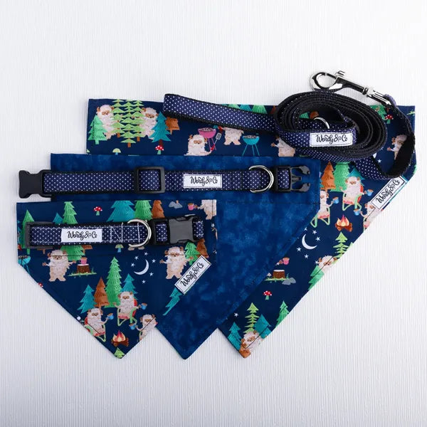 Navy Dot dog collar and leash with sasquatch bandana.