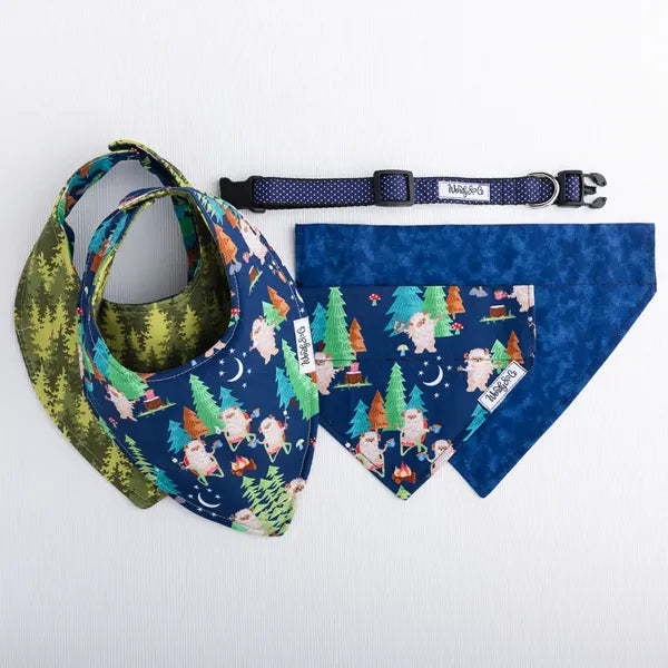 Matching baby and dog bandanas in sasquatch navy theme.