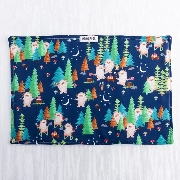 Handmade burp cloth with Bigfoot and night sky print.