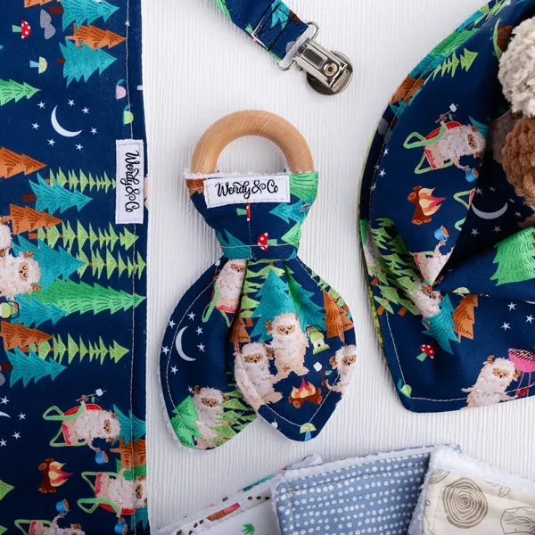 Baby teether with forest and Sasquatch fabric from Under the Stars collection baby gift set.