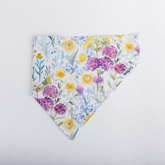 Reversible dog bandana in spring floral print- slides over the collar.
