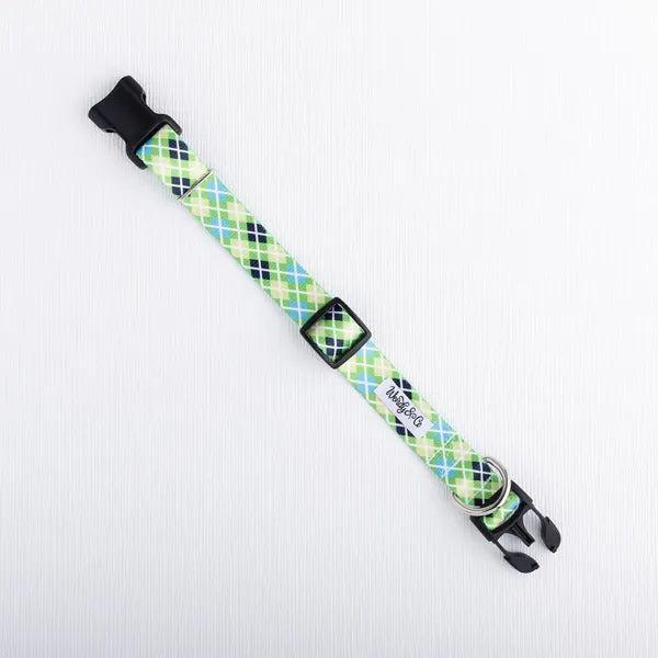 Waterproof dog collar in green and blue argyle pattern.