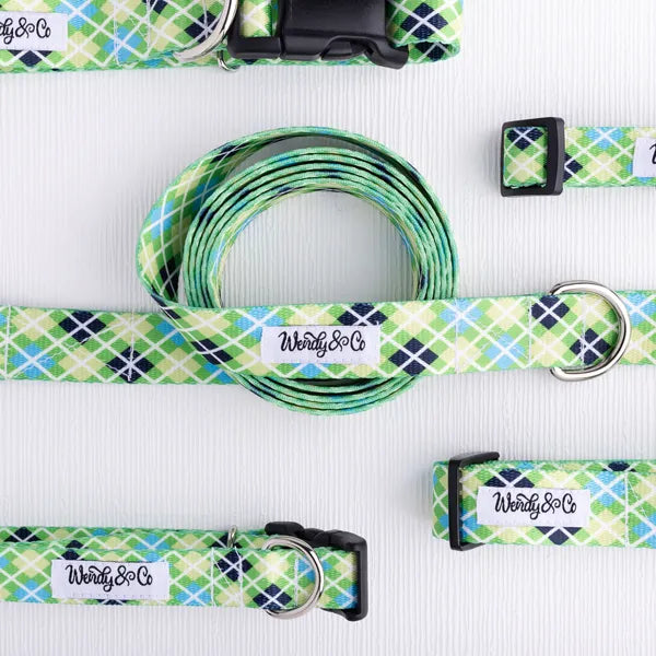 Waterproof argyle dog collection with green and blue pattern.