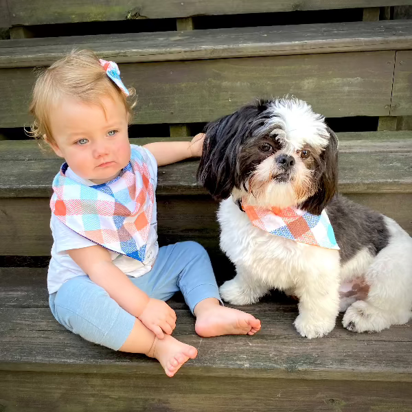 Matching dog and baby bib and bandana set.