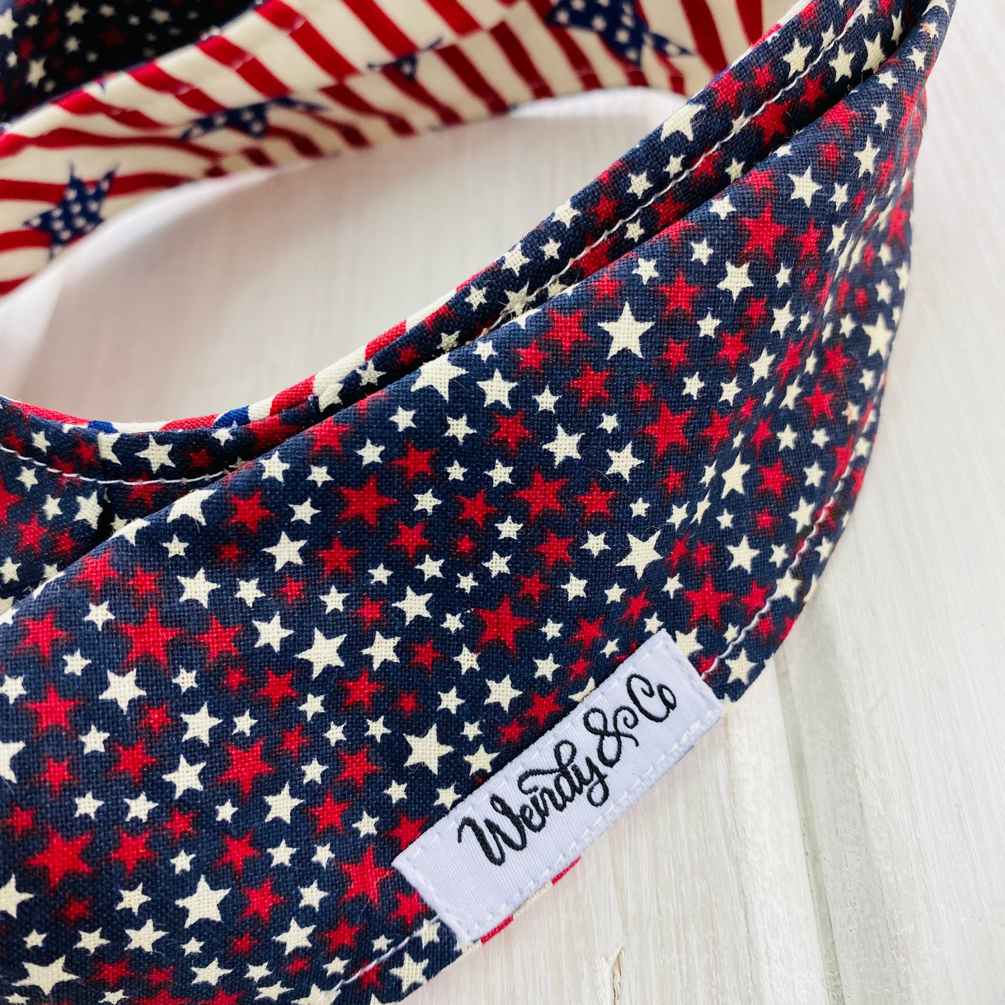 Close up of stars and stripes bib.
