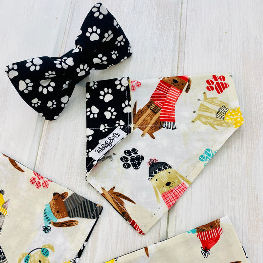 Black and white bow tie with paws, shown with matching bandana.