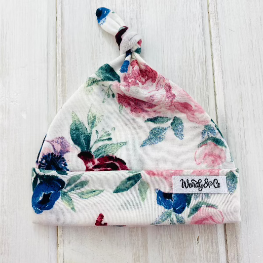 Newborn beanie with gorgeous florals in navy and maroon.