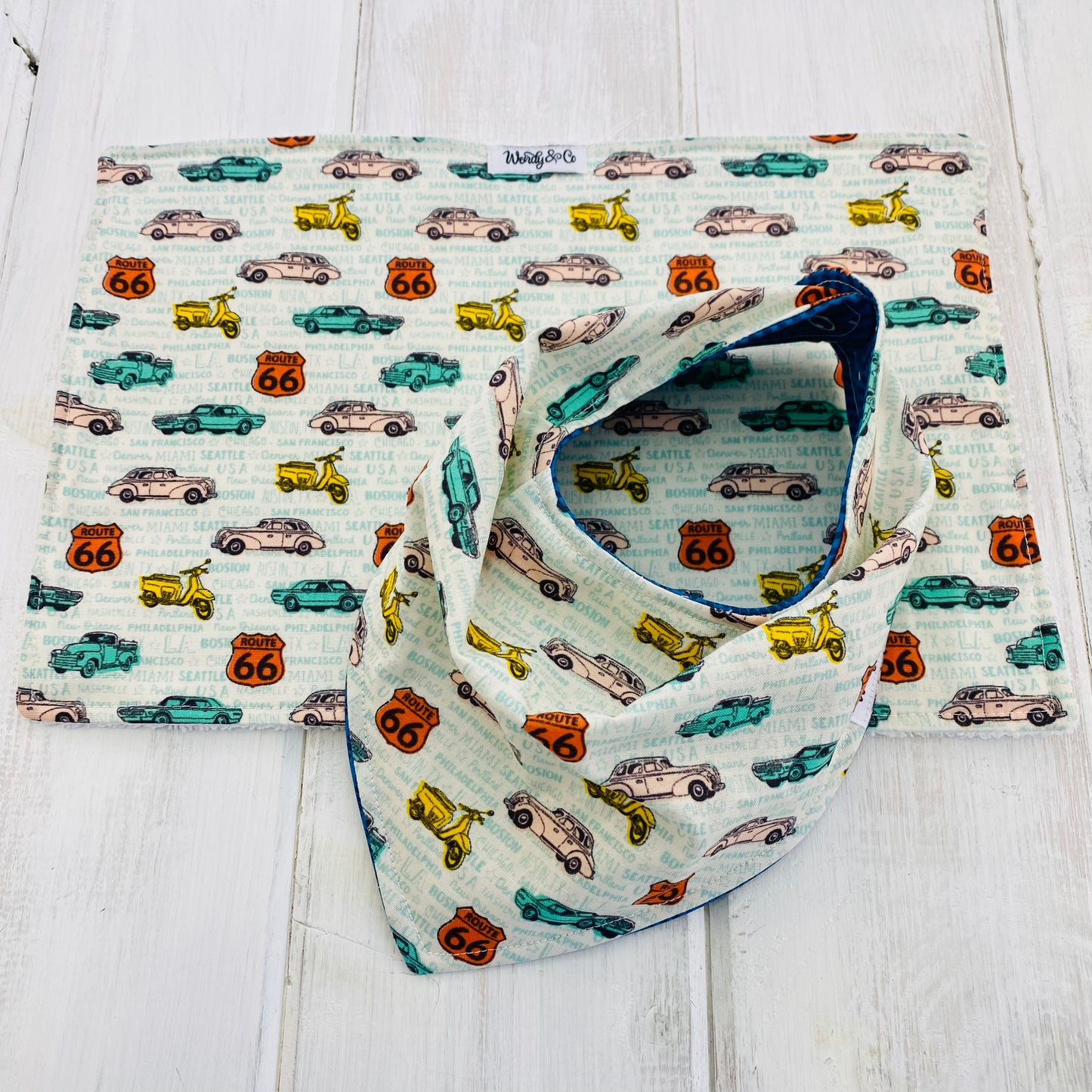Mint green, orange, yellow car, racing, transportation burp cloth.