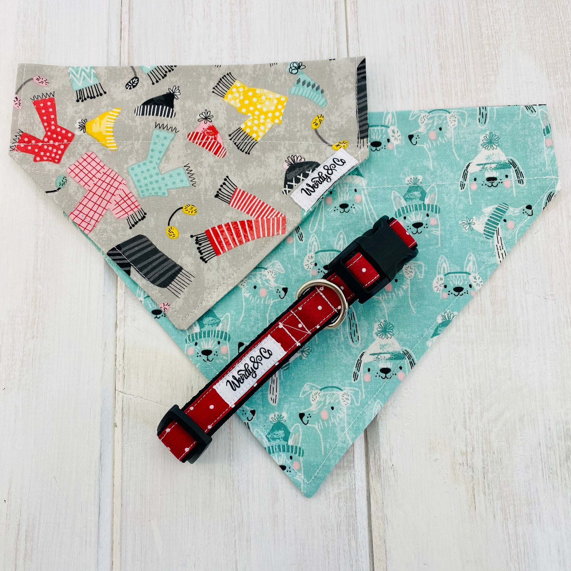 Red dog collar with winter print dog bandana.