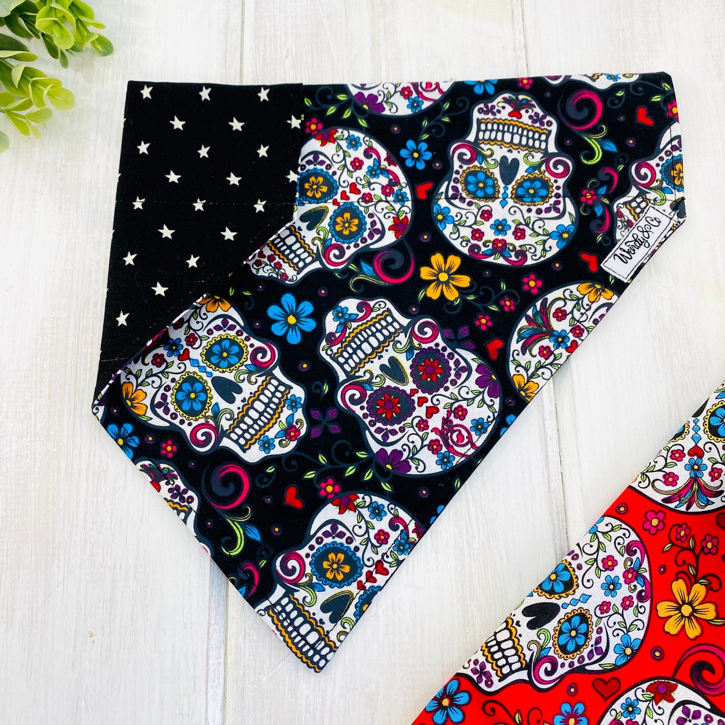 Reversible glow-in-the-dark dog bandana for Halloween.