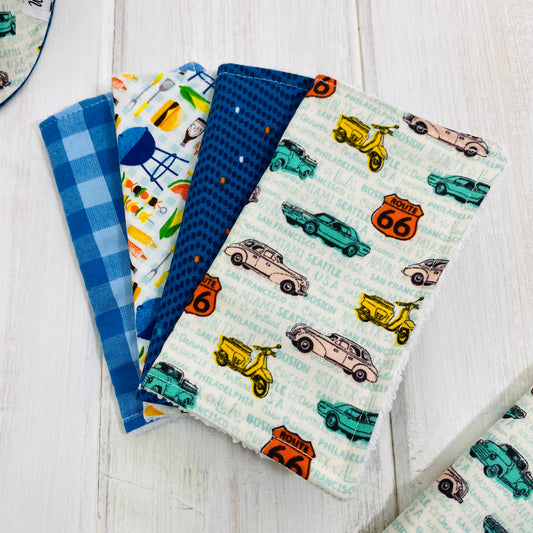 Old cars, 50's model cars, scooter, route 66 fabric with yellow, mint, orange color scheme washing cloths.