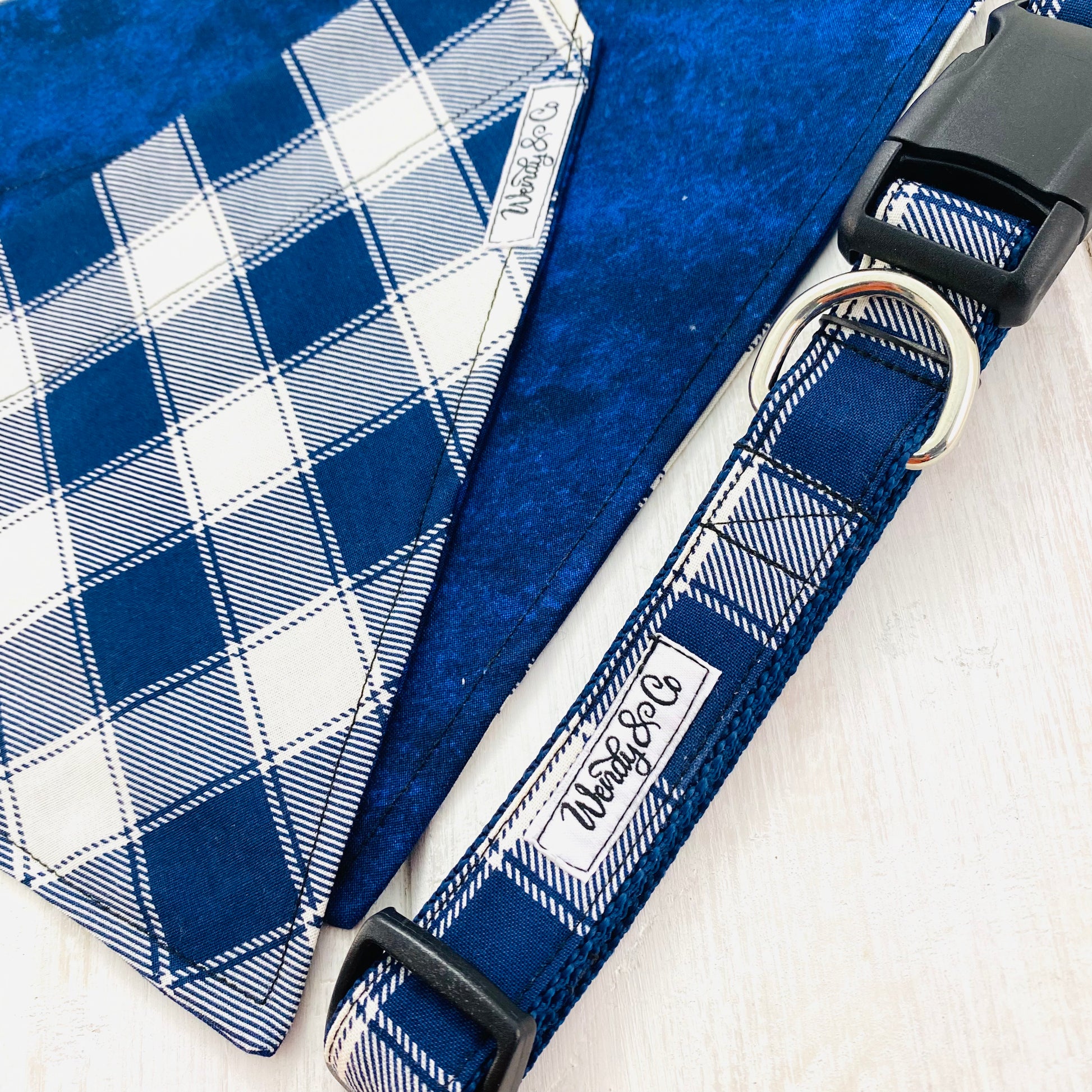 Navy plaid dog collar and bandana.
