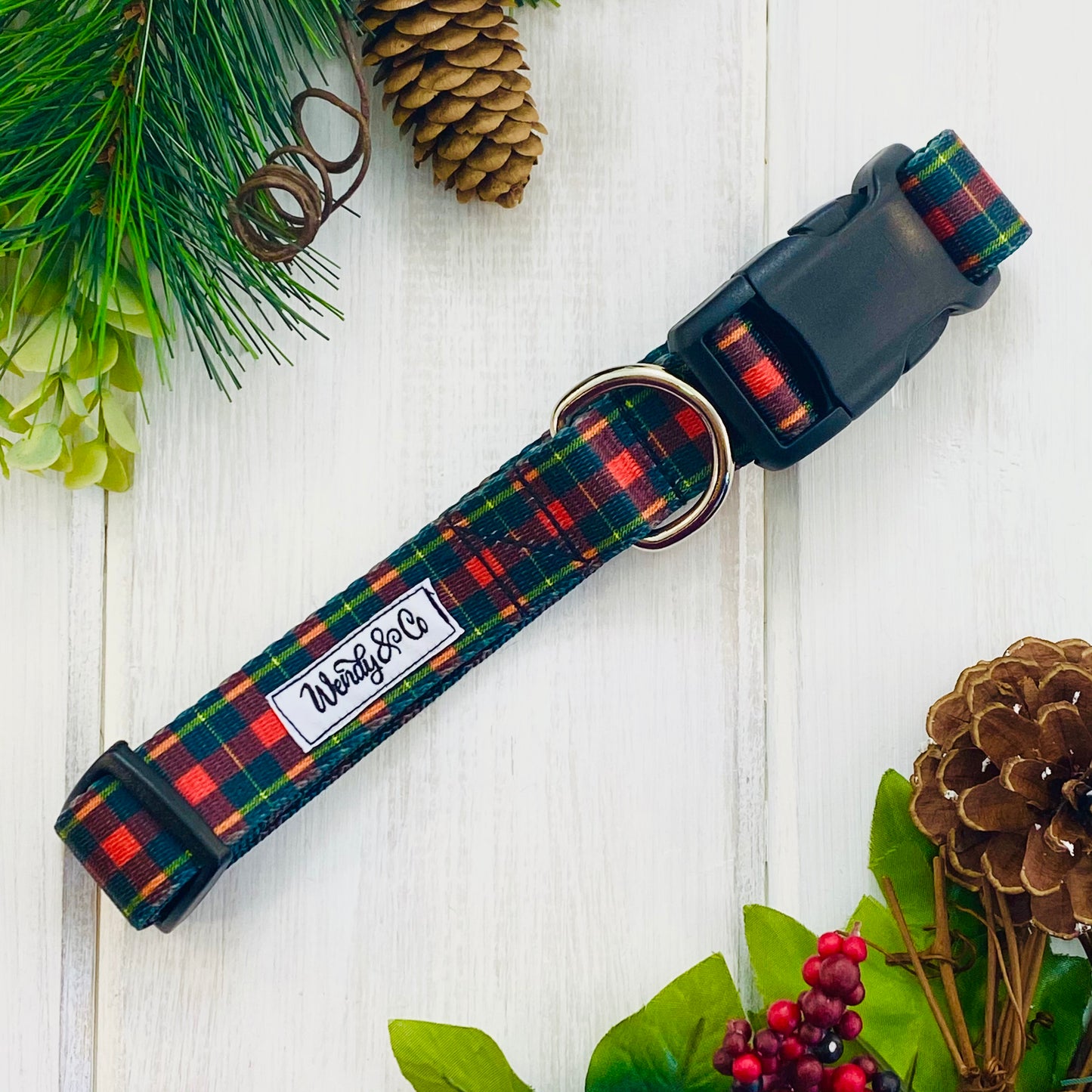 Red plaid printed dog collar.