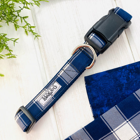 Navy plaid dog collar.