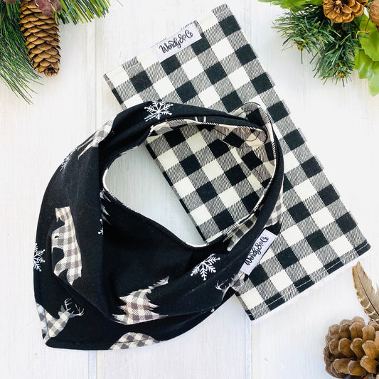 Black and cream check bears on black background bib with a black and cream check burp cloth.