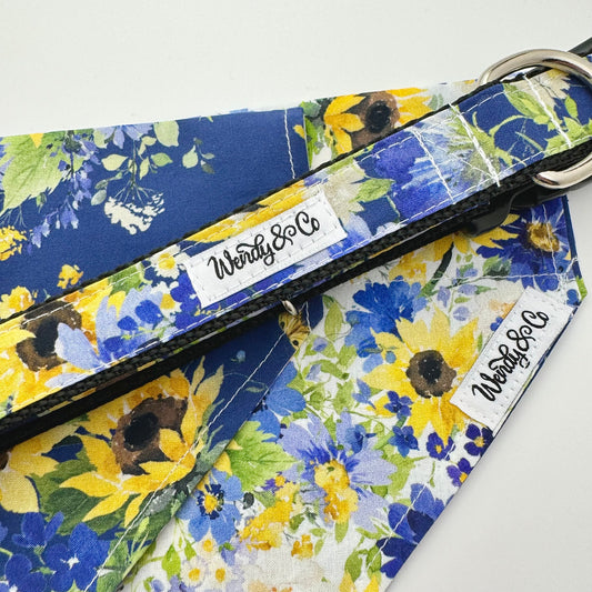 Bright sunflower floral on midnight background, large collar and bandana.