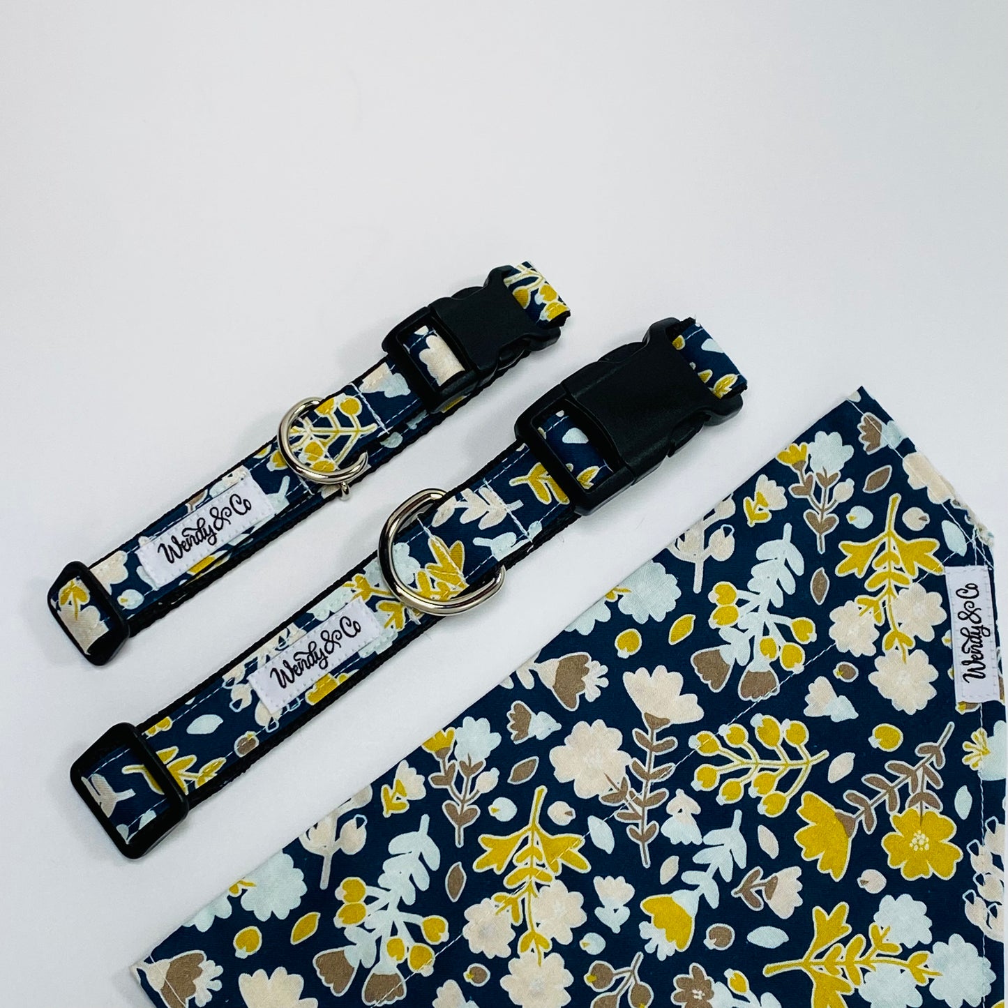 Dog collar and bandana set in navy floral.