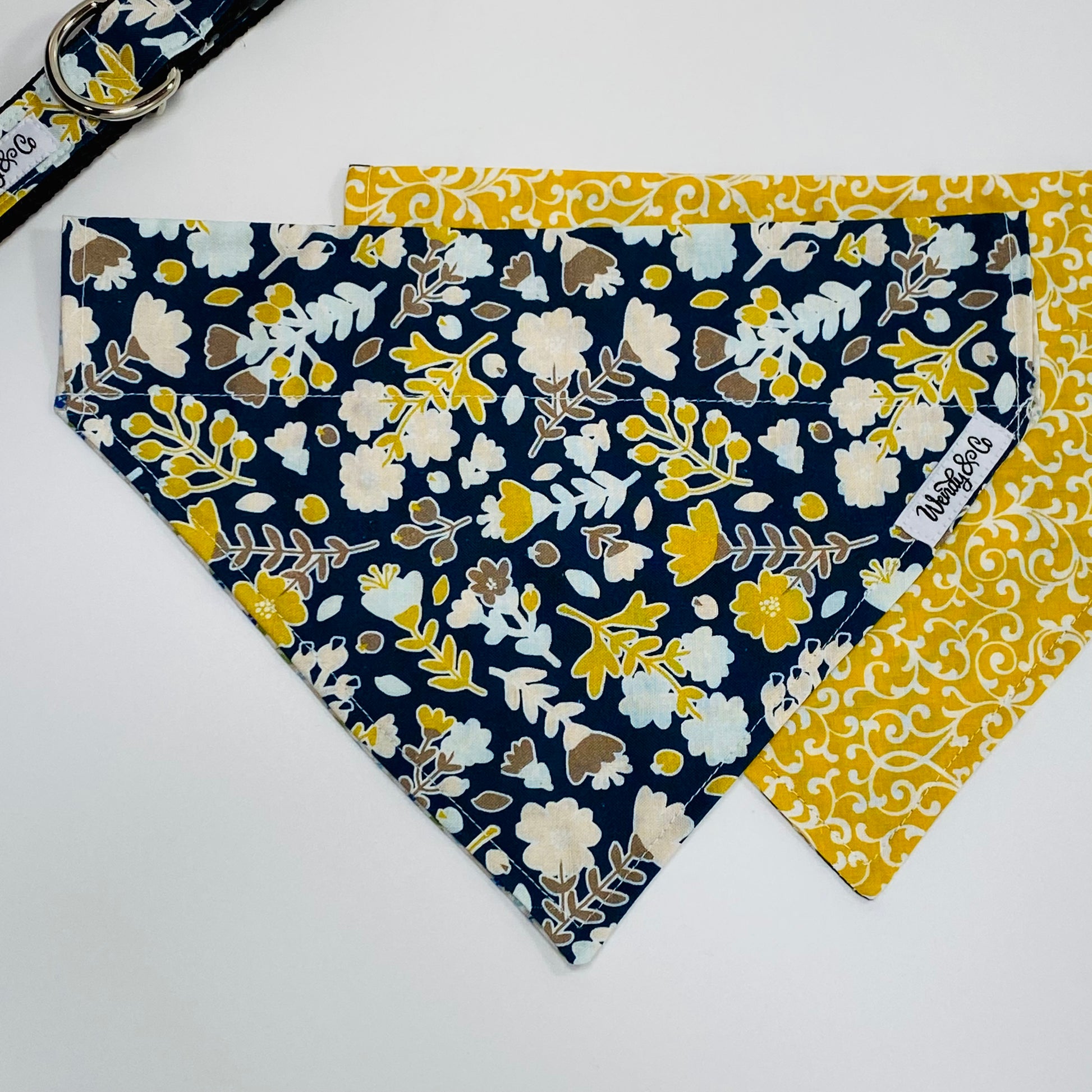 Extra Large dog bandana and collar set in craftsman style navy floral.