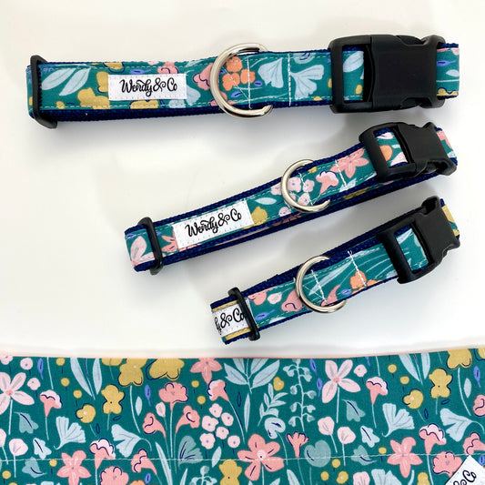 Pastel floral dog bandana that’s reversible and slides over the collar, shown with 3 sizes collars.