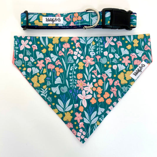 Pastel floral dog bandana that’s reversible and slides over the collar.